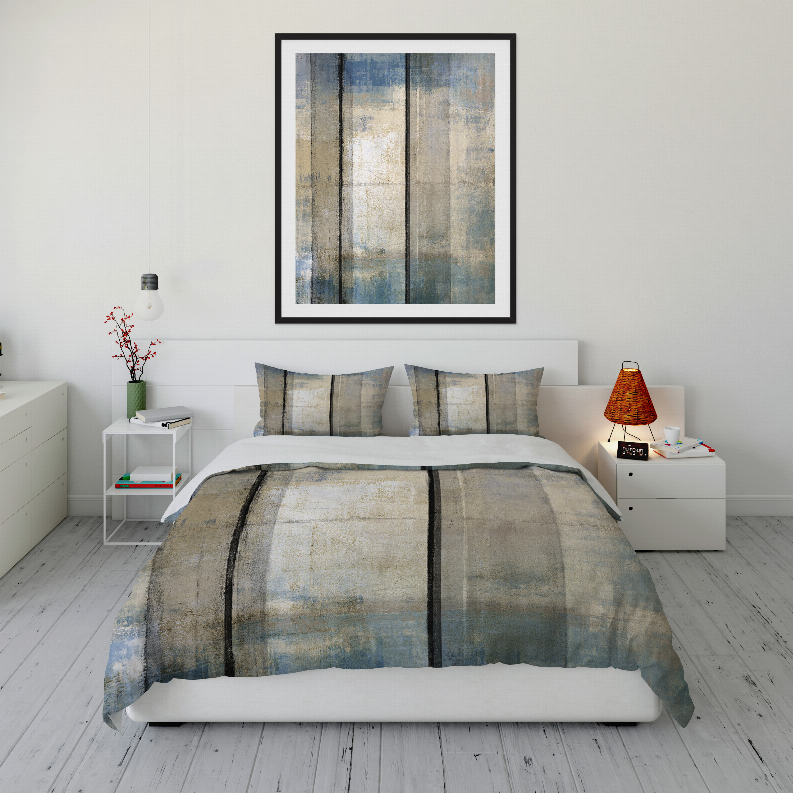 Comforter set with blue-gray vertical stripe plaid comforter and matching shams