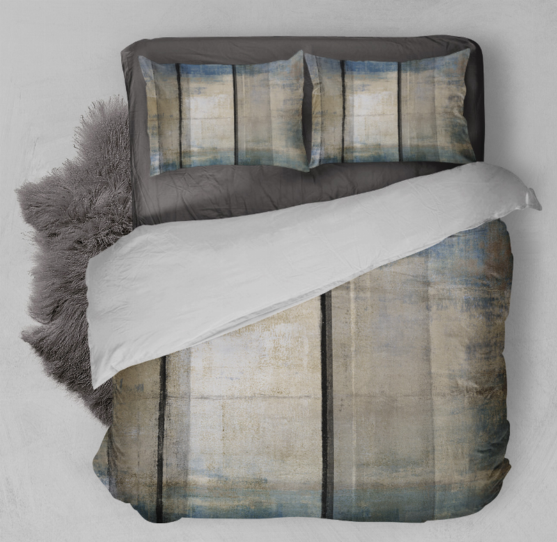 Comforter set with blue-gray striped plaid comforter and two shams