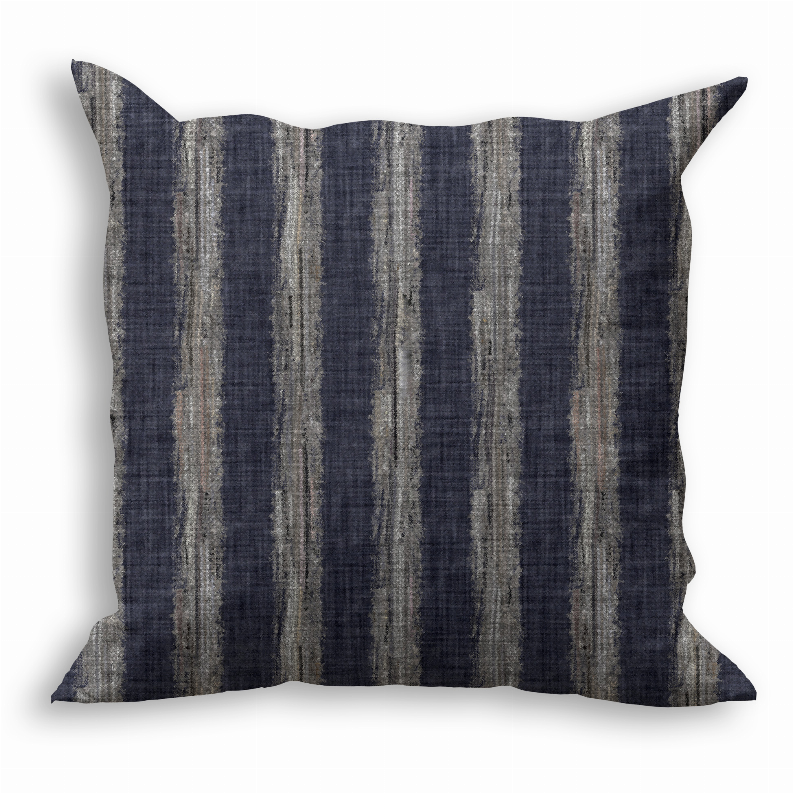Navy and gray striped throw pillow with textured fabric, square shape