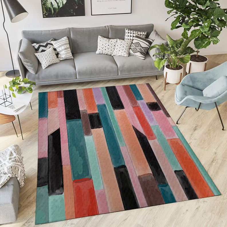 Blankets2U low pile carpet with multicolor vertical stripe pattern, rectangular rug.