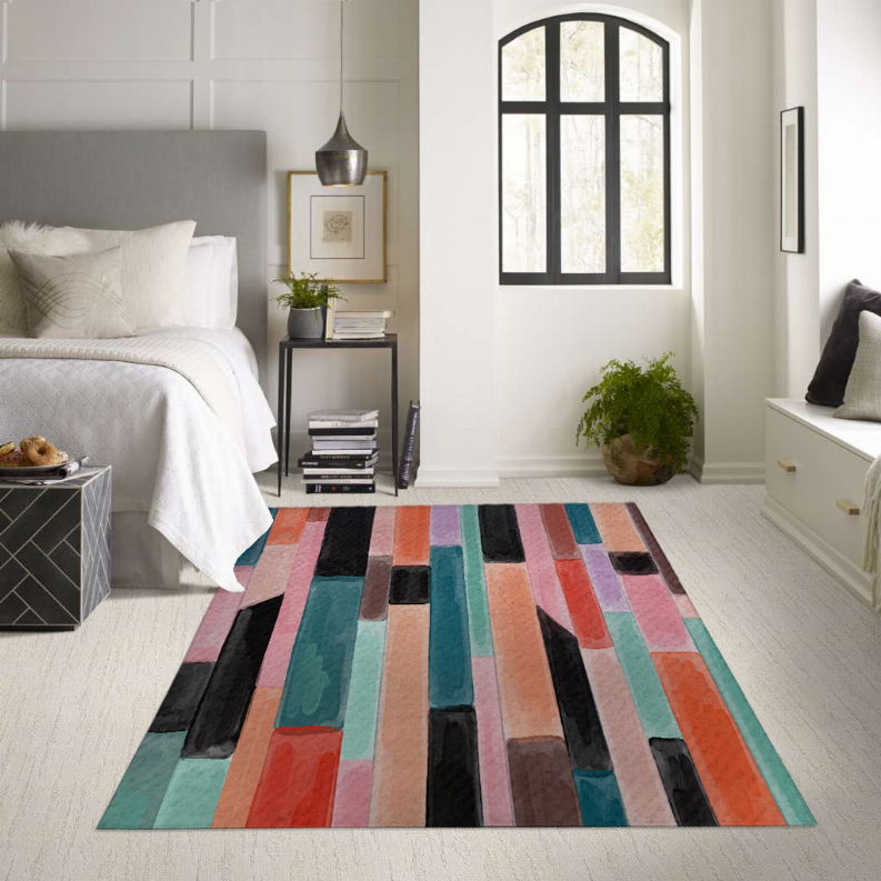Multicolor low pile carpet with wide vertical stripes in teal, coral, black, and tan.