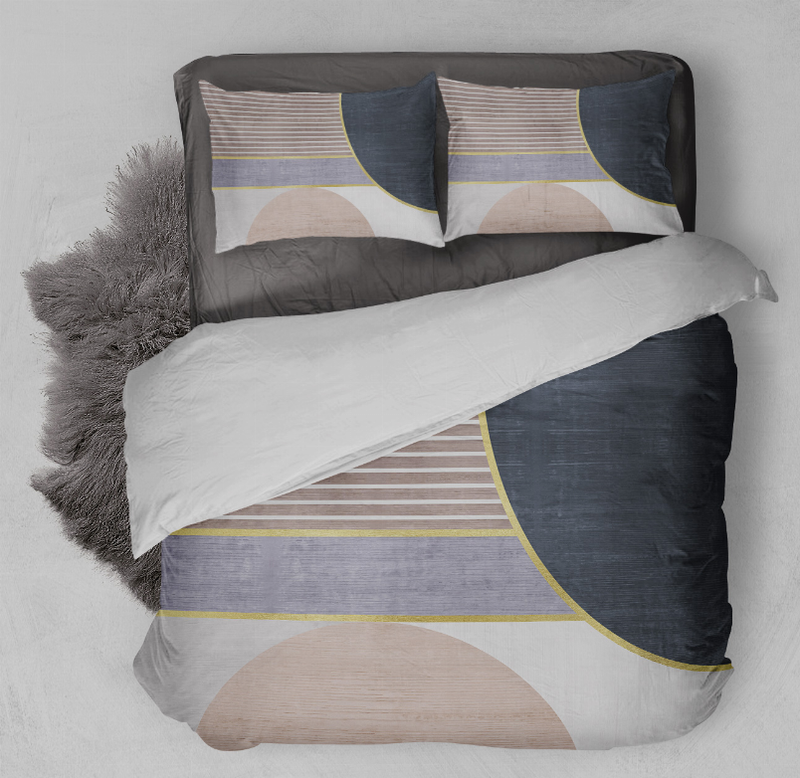 Geometric comforter set with navy and beige circles plus yellow stripes; two pillow shams