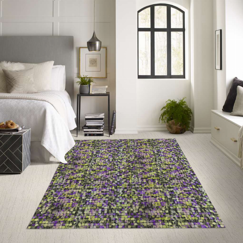 Low pile rectangular carpet in multicolor purple, green, and yellow woven pattern