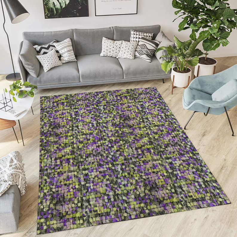 Multicolor low pile rectangular carpet with dense purple and green mosaic design
