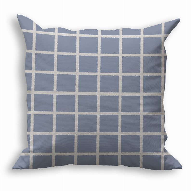 Square throw pillow with blue fabric and white grid pattern