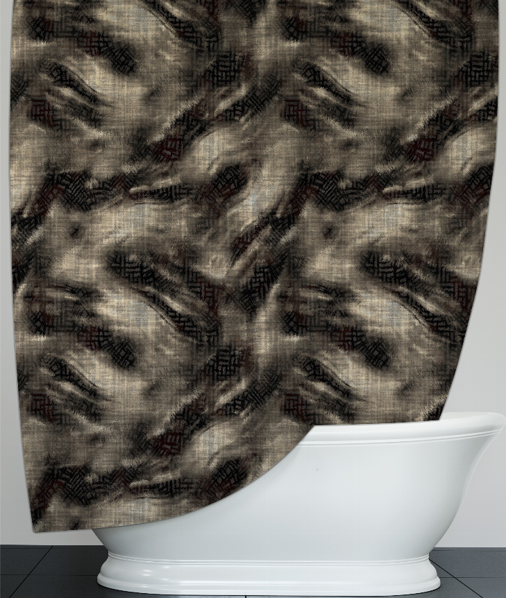 Dark gray abstract shower curtain panel with scalloped edge over a white bathtub