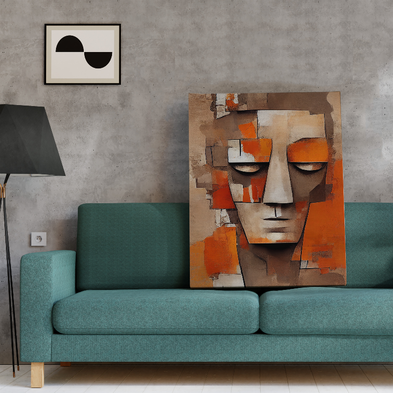Framed abstract stone art print with orange and brown cubist portrait on sofa