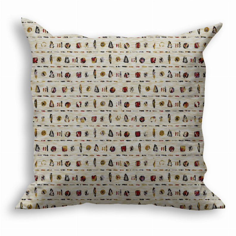 Square cream throw pillow with repeating multicolor character silhouettes