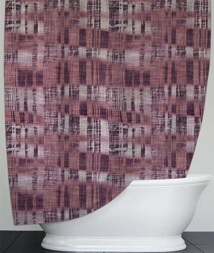 Close-up of multicolor shower curtain with maroon and purple check and white brush stripes