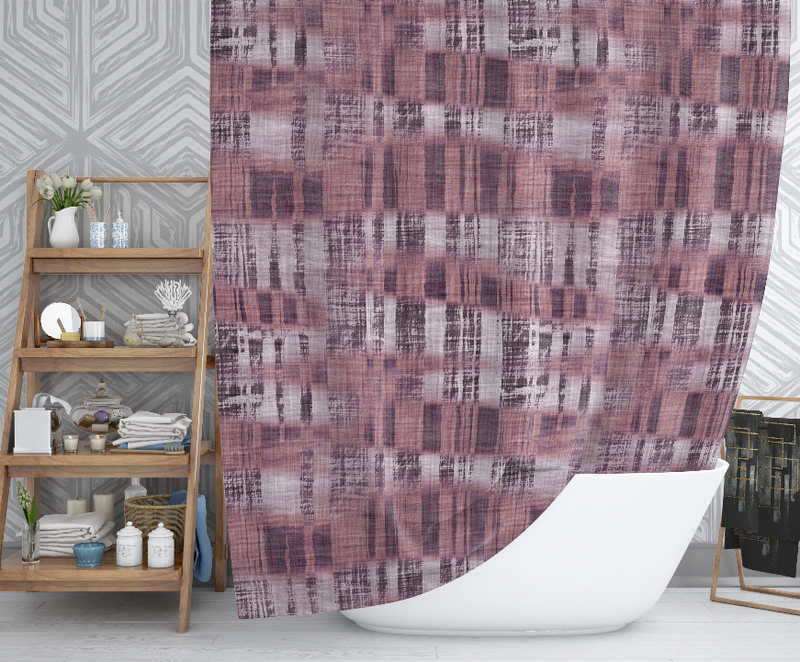 Multicolor shower curtain with maroon, purple, and white patchwork grid pattern