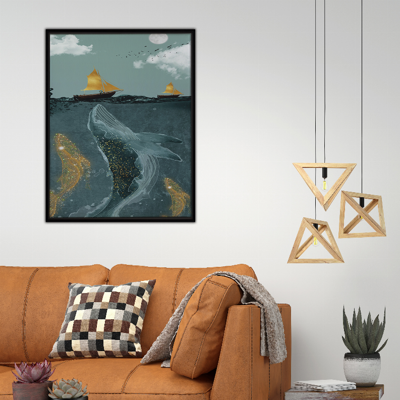 Framed whale art print with teal ocean and golden sailboats, black border