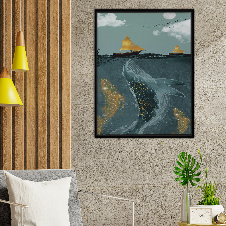 Framed whale wall art featuring teal waves, small golden ships, sky clouds