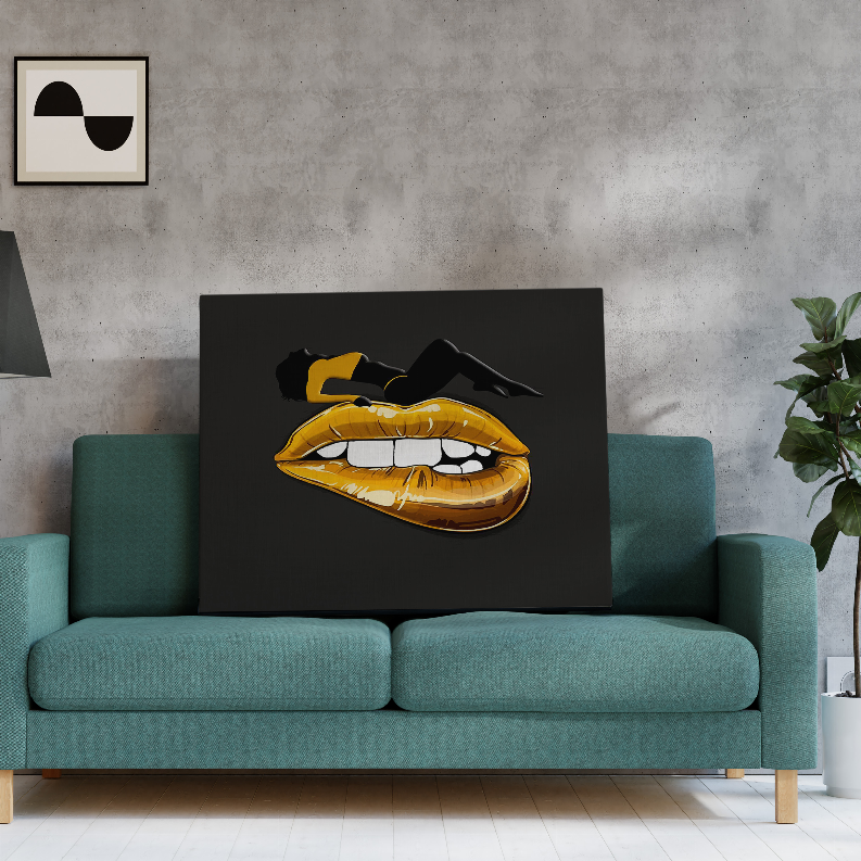 Golden lips art print: open mouth illustration in gold and black on black square