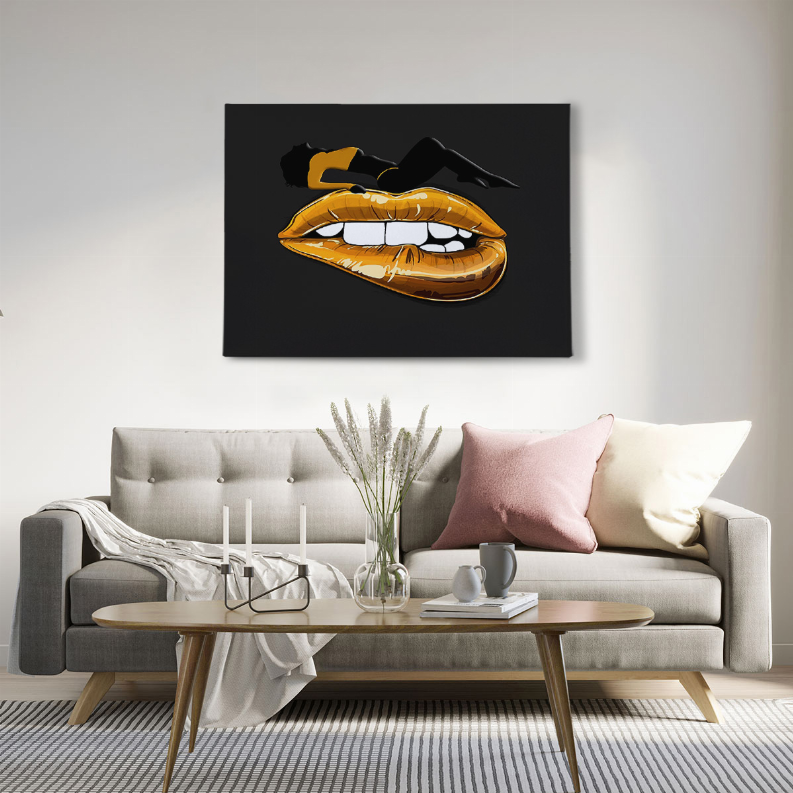 Golden lips art print featuring open mouth with gold lips and black shading on square