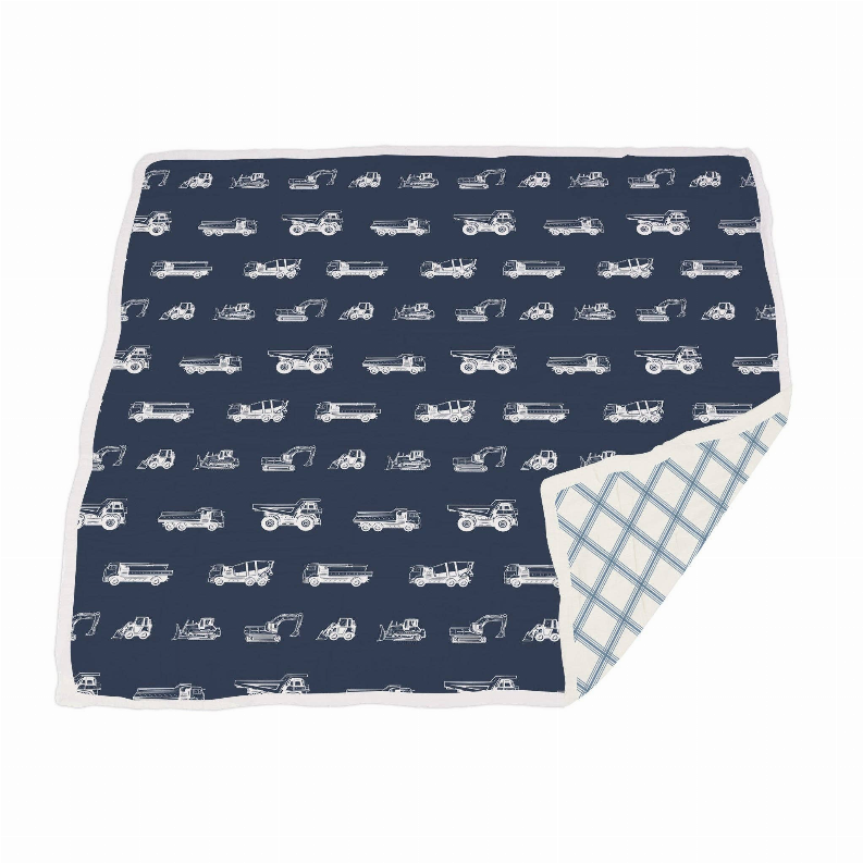 Dark blue cotton blanket with white vehicle prints and light blue plaid backing