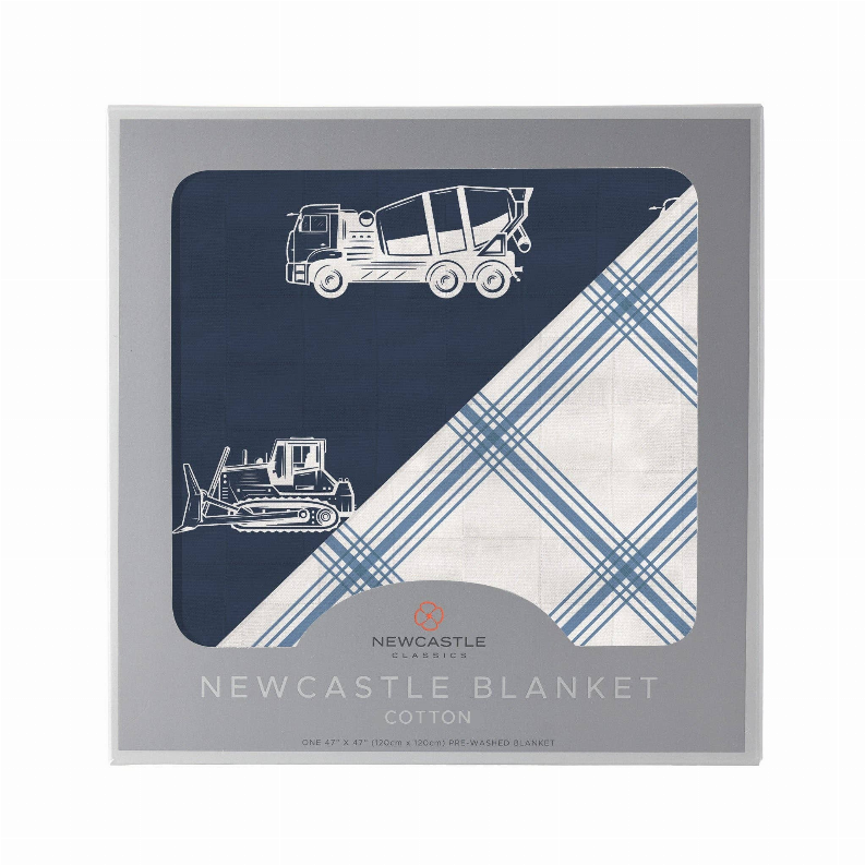 Cotton blanket in gift box, dark blue truck print with light blue plaid corner