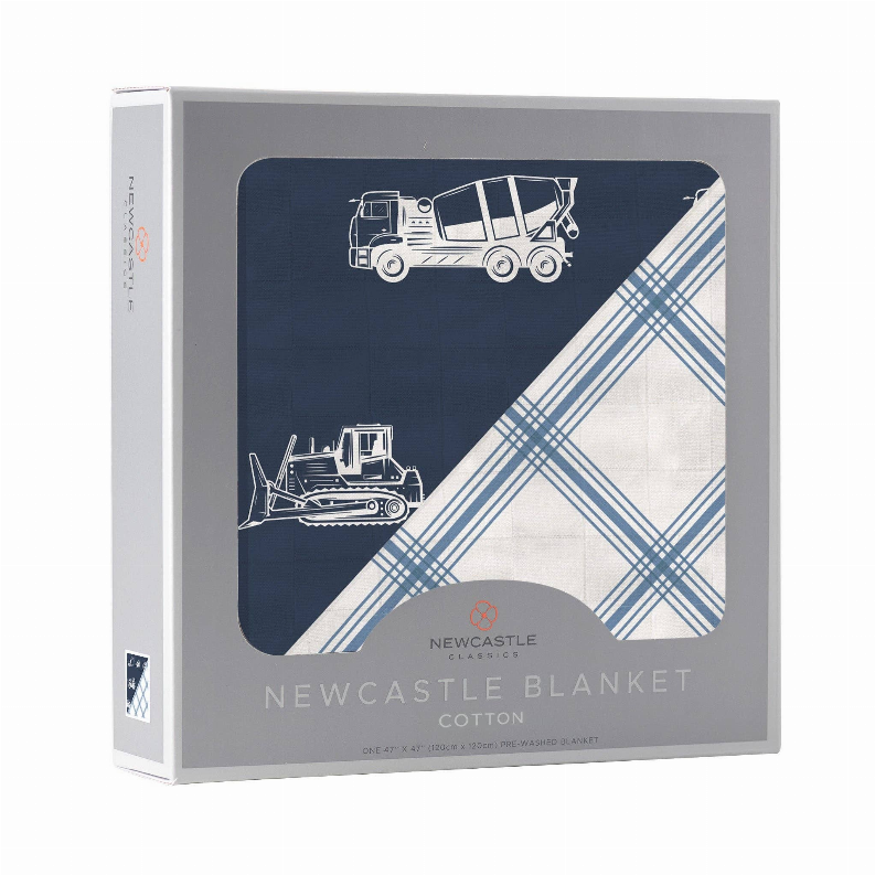 Cotton blanket gift box front with dark blue truck illustration and light blue plaid