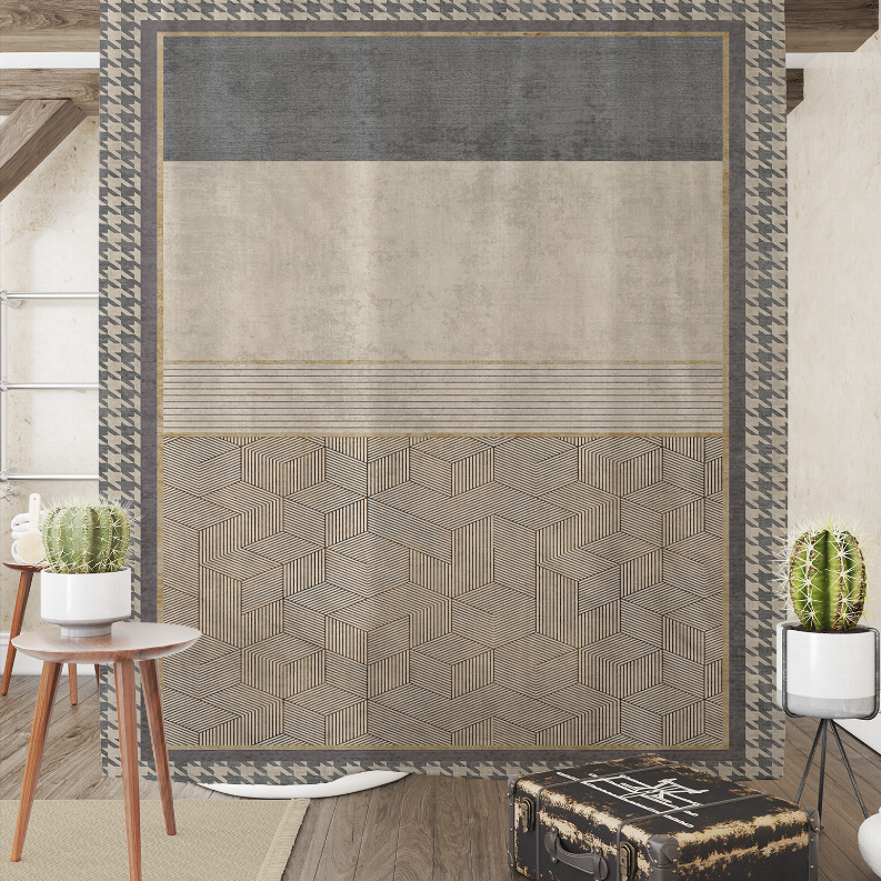 Gray and cream shower curtain with geometric cube pattern and striped header border