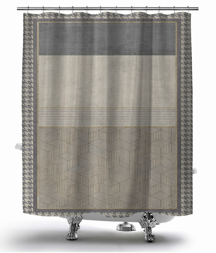 Gray shower curtain with herringbone border, striped band, and cube motif lower panel