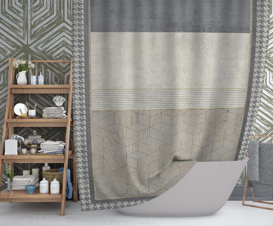 Gray and cream shower curtain with striped band and textured cube pattern hem