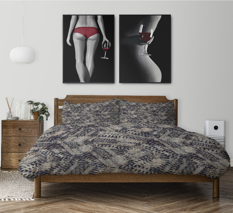 Duvet cover set with blue and gray geometric pattern, matching pillow covers