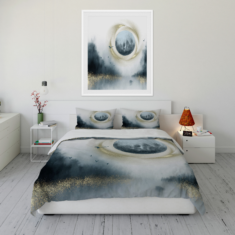 Comforter set in blue and white with large oval eye design, paired with two matching pillows