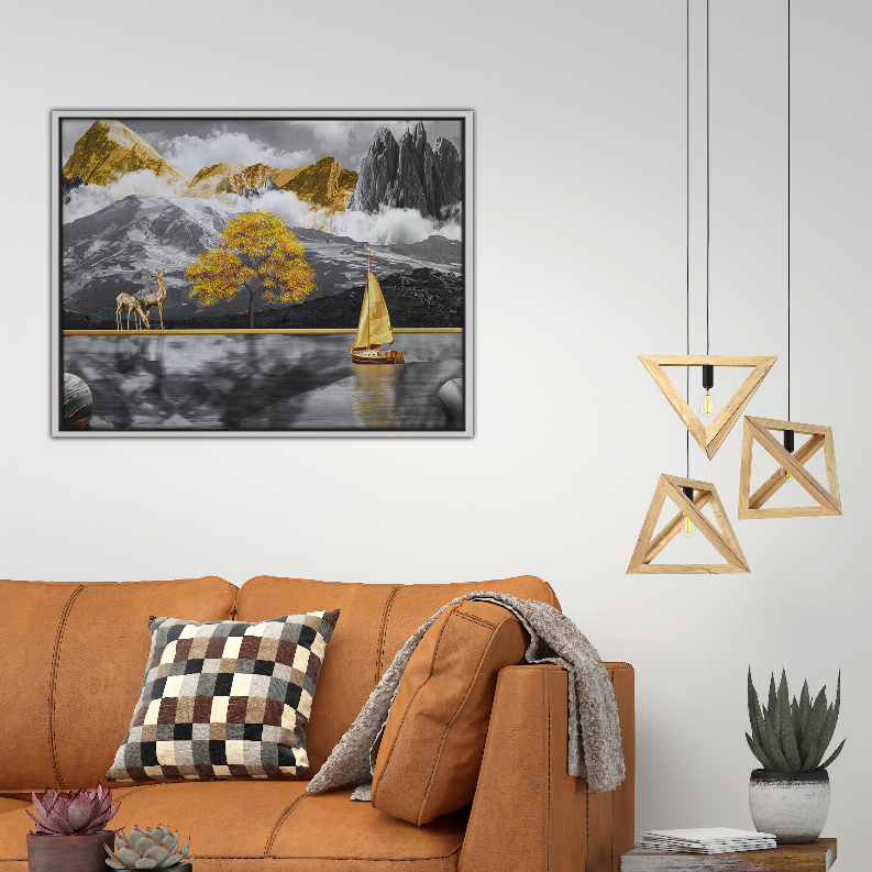 Framed landscape art print showing mountains, lake, yellow tree, sailboat