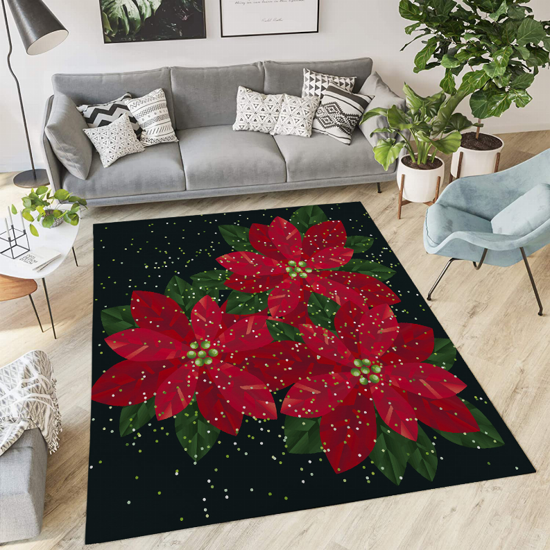 Low pile carpet featuring poinsettia blooms and scattered dots on dark green