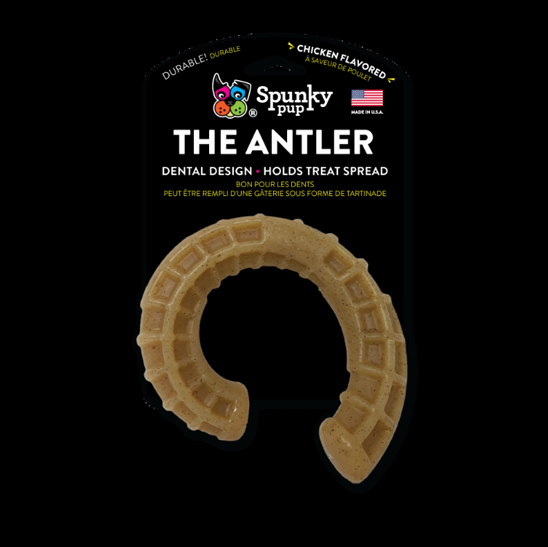 Ram antler dental chew for dogs, chicken flavored holds treat spread