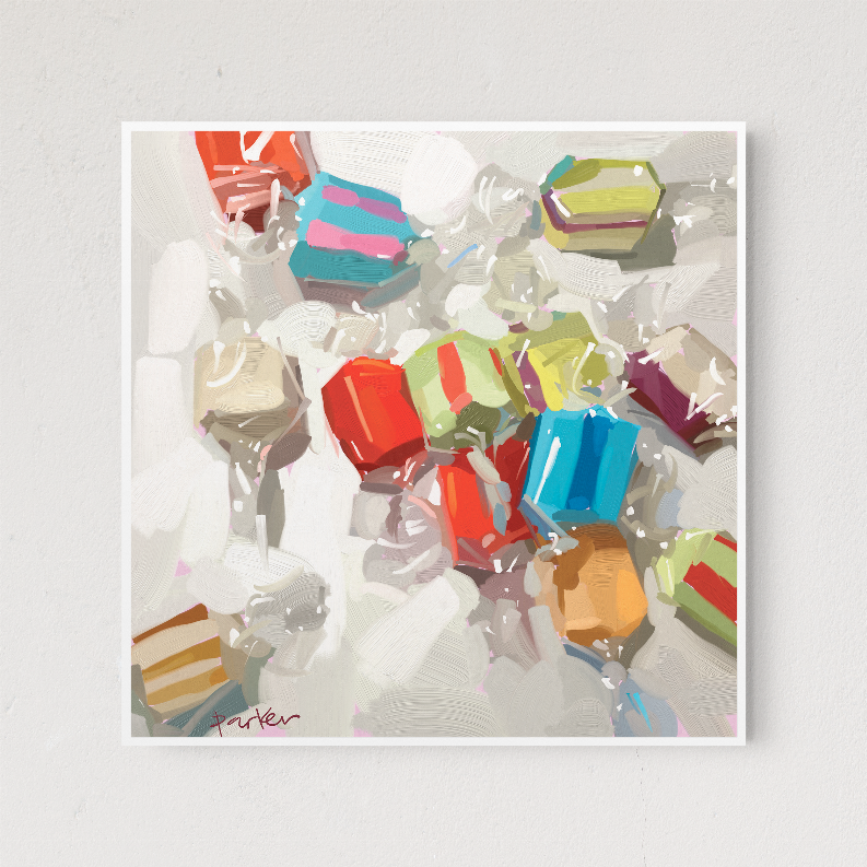 Abstract multicolor candy artwork print in frame, close-up of layered shapes