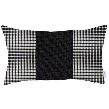 Black and white houndstooth jacquard throw pillow with dark central panel, rectangular