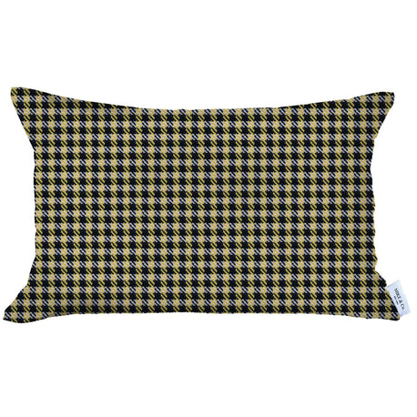 Houndstooth jacquard throw pillow, black-and-yellow houndstooth pattern with fabric tag