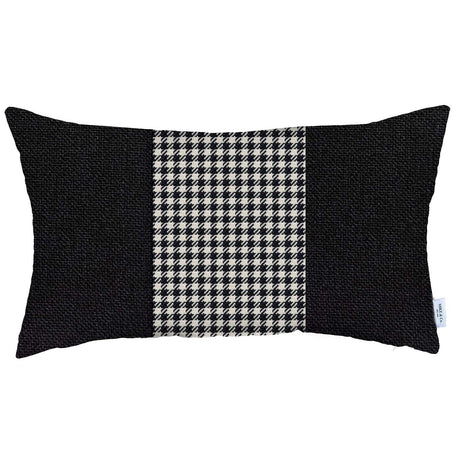 Black and white houndstooth jacquard throw pillow with central check panel