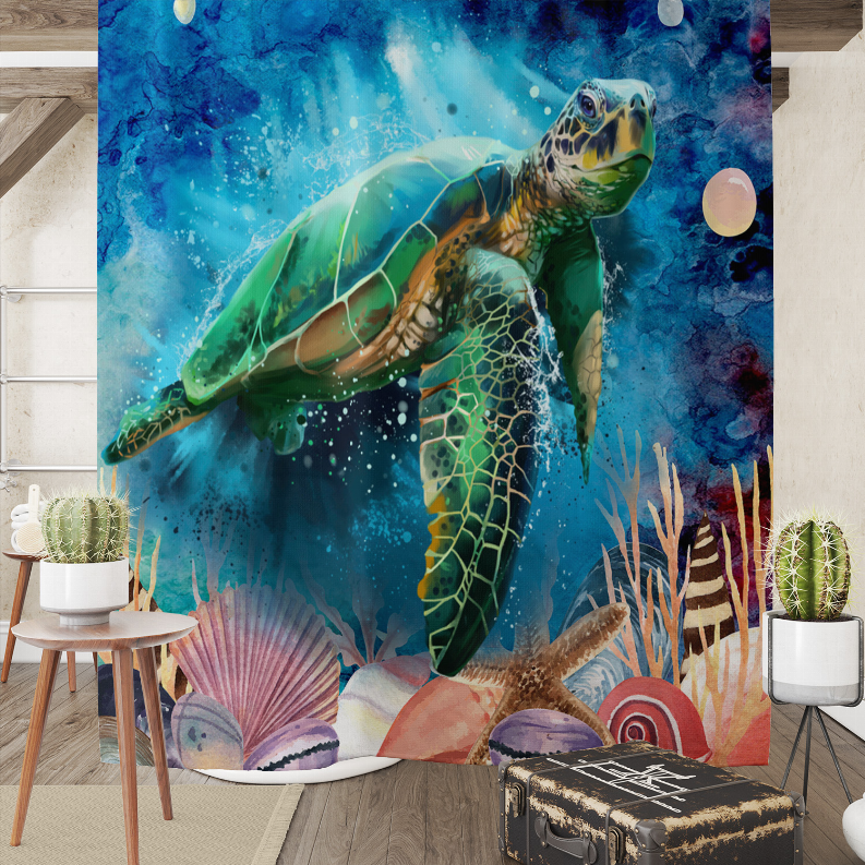 Shower curtain on metal hooks featuring sea turtle in blue ocean watercolor design