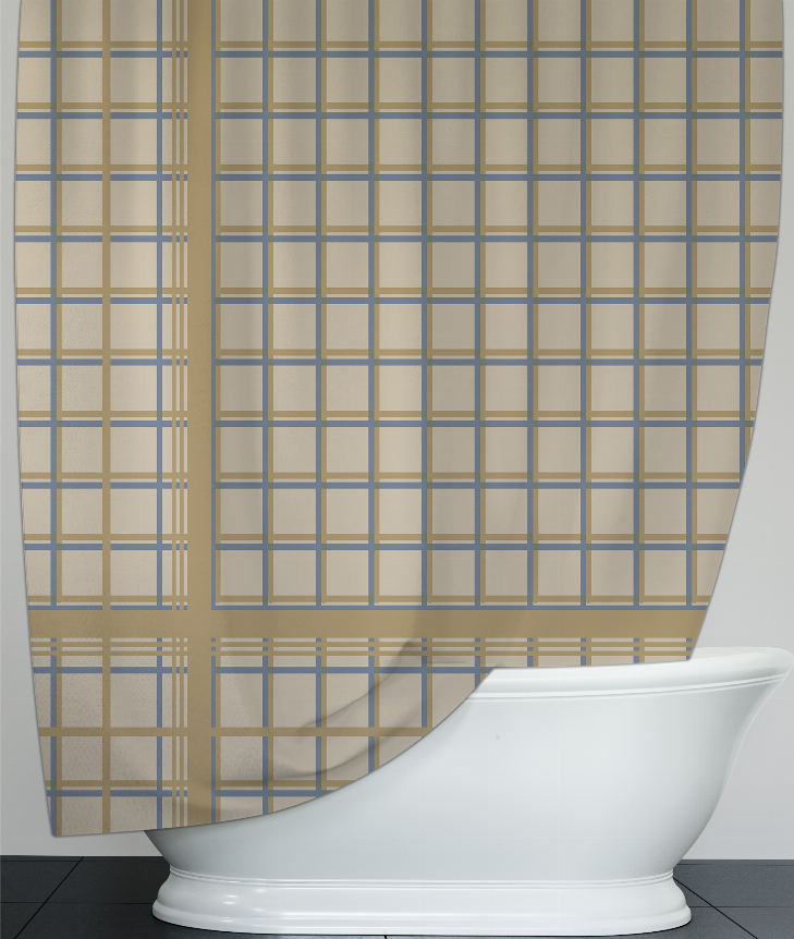 Plaid shower curtain with beige and light blue grid lines, curved over tub