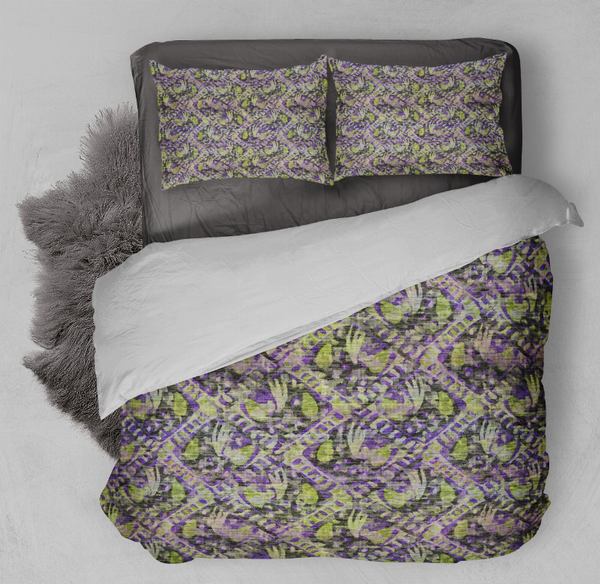 Multi-color comforter set with purple/green abstract pattern, includes 2 pillow shams