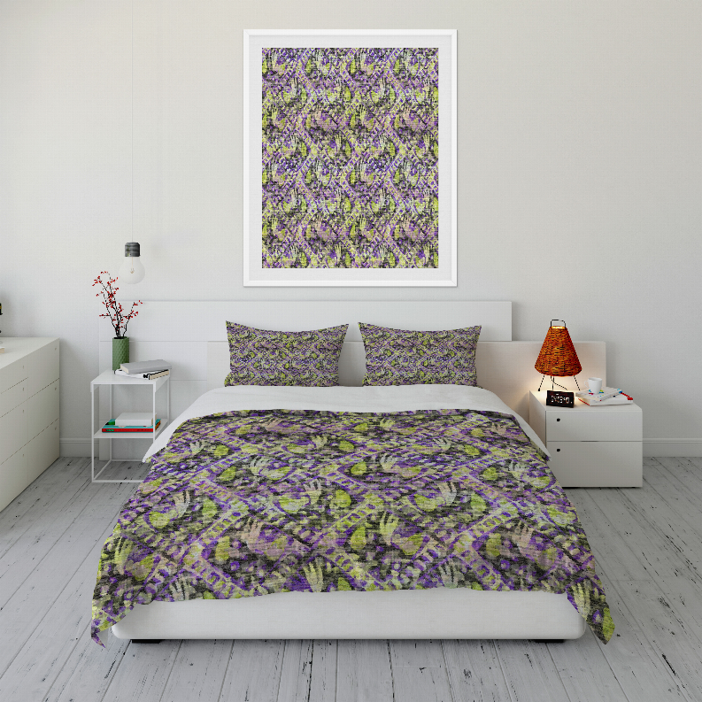 Multi-color comforter set, purple and green abstract patterned comforter with two matching shams