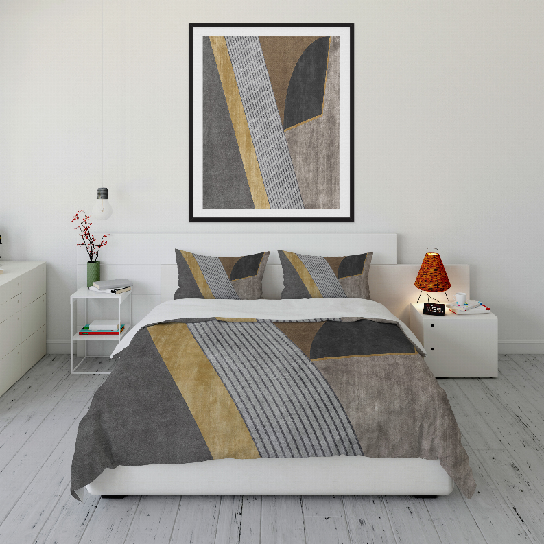 Gray comforter set with geometric panels, striped design, and matching pillowcases