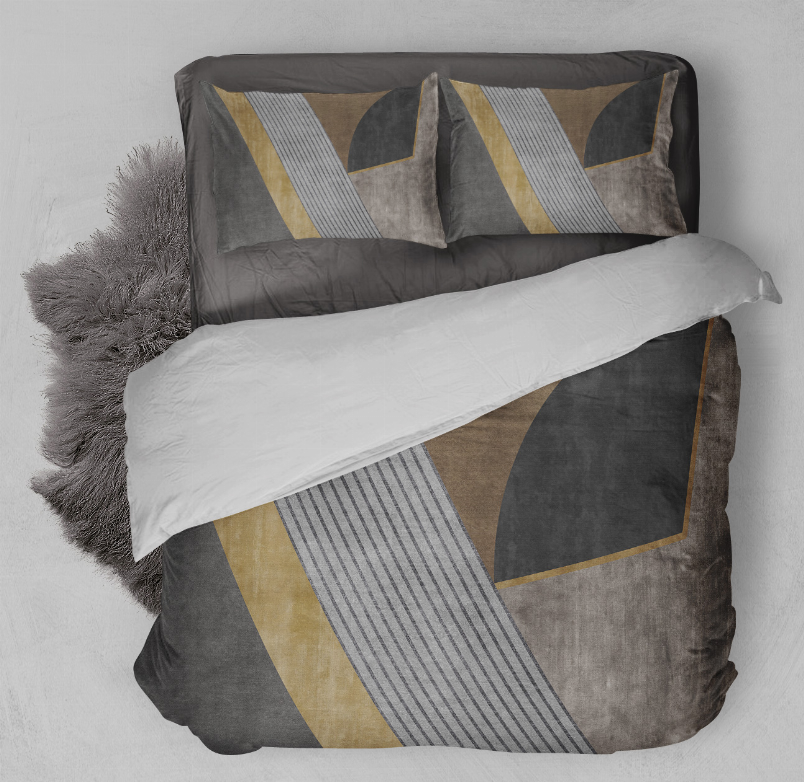 Gray comforter set with gold and light blue striped inserts and two matching pillows