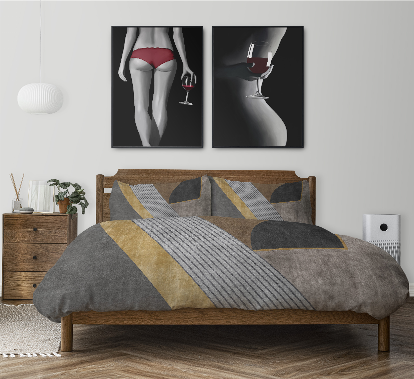 Gray comforter and pillowcases with gold geometric blocks and light blue stripe panels
