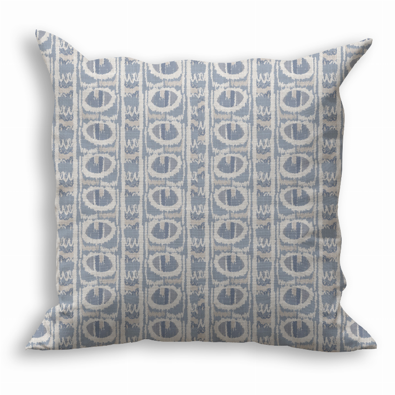 Square throw pillow with dark blue repeating circular logo pattern on light background