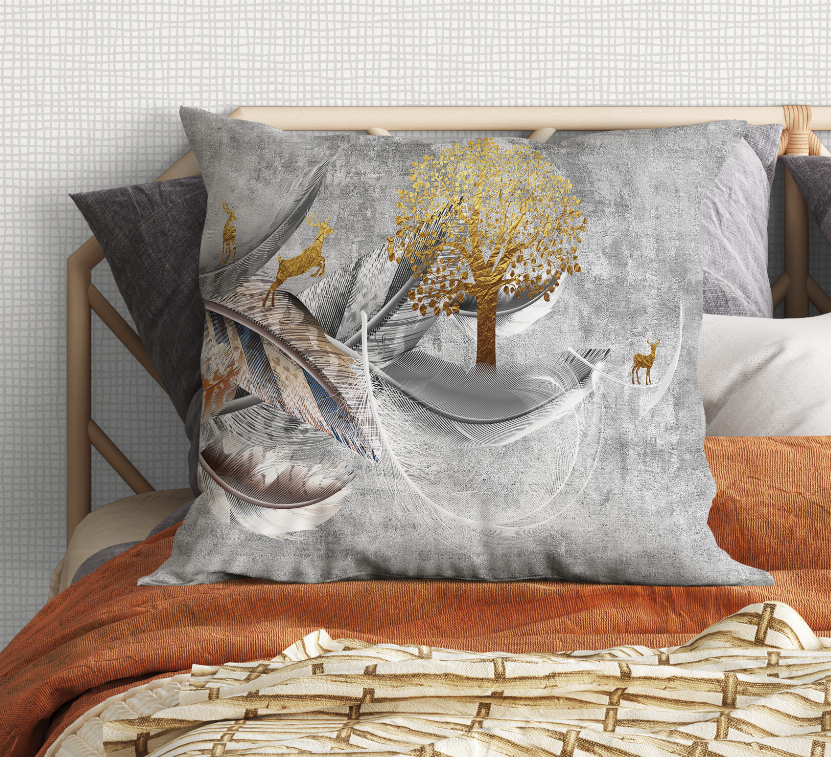 Blankets2U decorative pillow, gray with gold tree and animal silhouette print