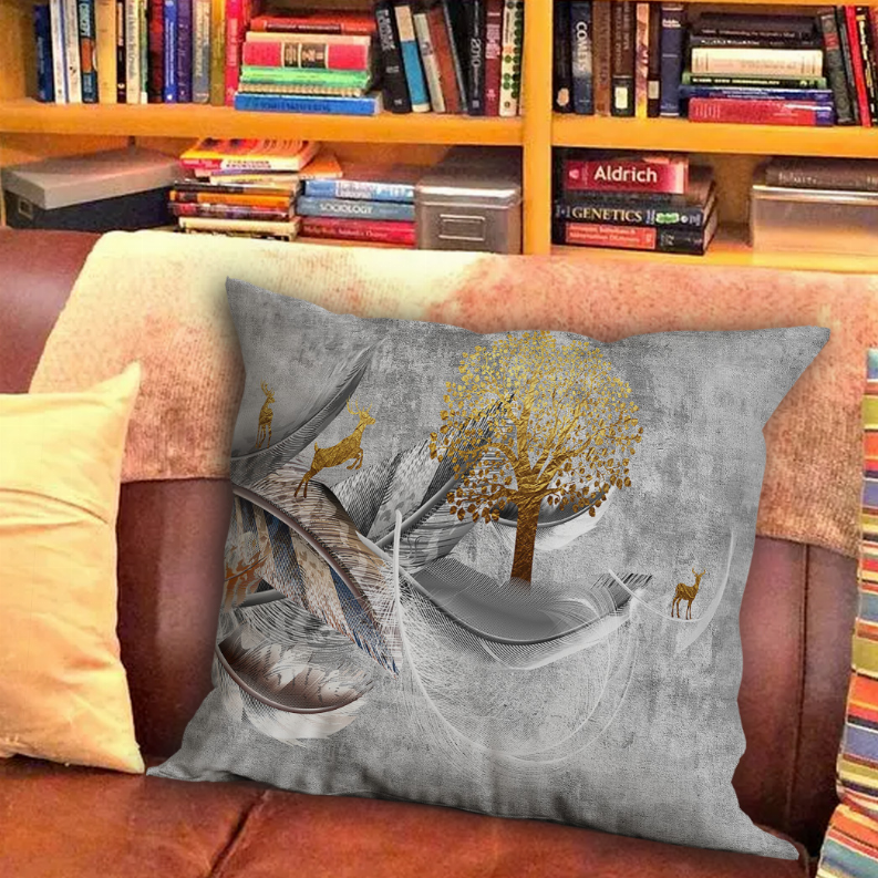 Blankets2U decorative pillow, gray with gold tree, footprints and animal motifs
