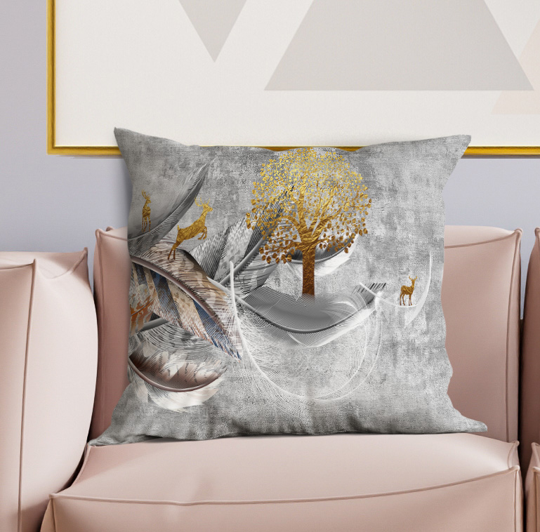 Blankets2U decorative pillow, gray with gold tree artwork and animal silhouettes