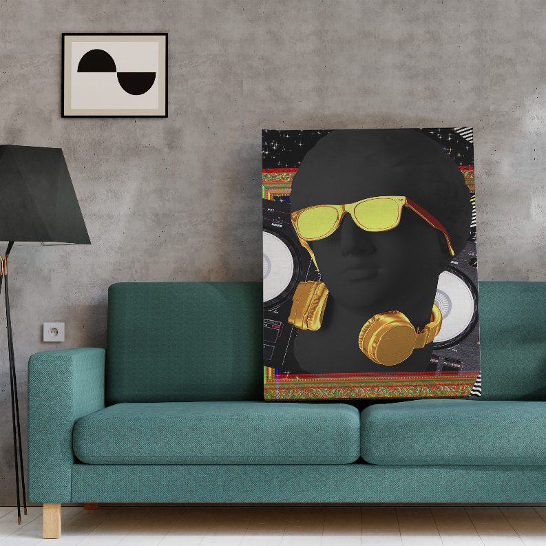 Pop art portrait print with yellow sunglasses, gold headphones, and colorful geometric border