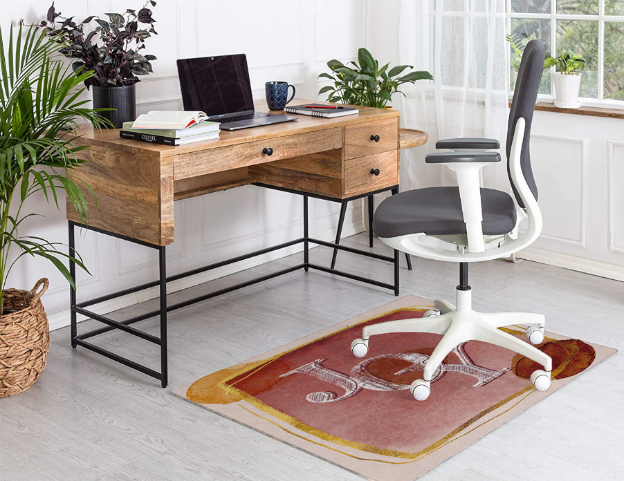Multi-color low pile carpet rug with red string-instrument illustration and gold edge border.