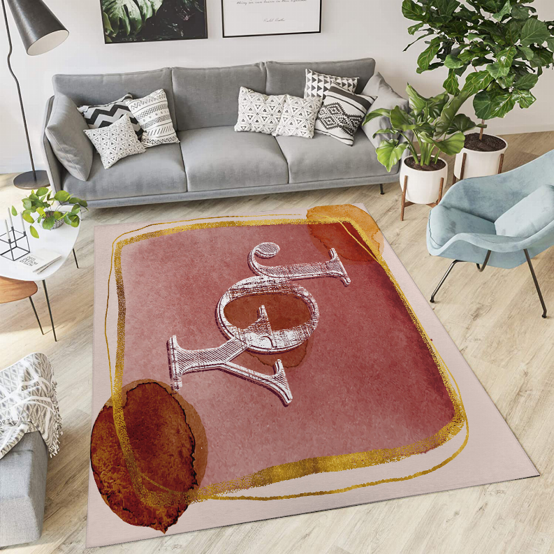 Multi-color low pile carpet rug featuring a large red music-instrument graphic with gold trim.