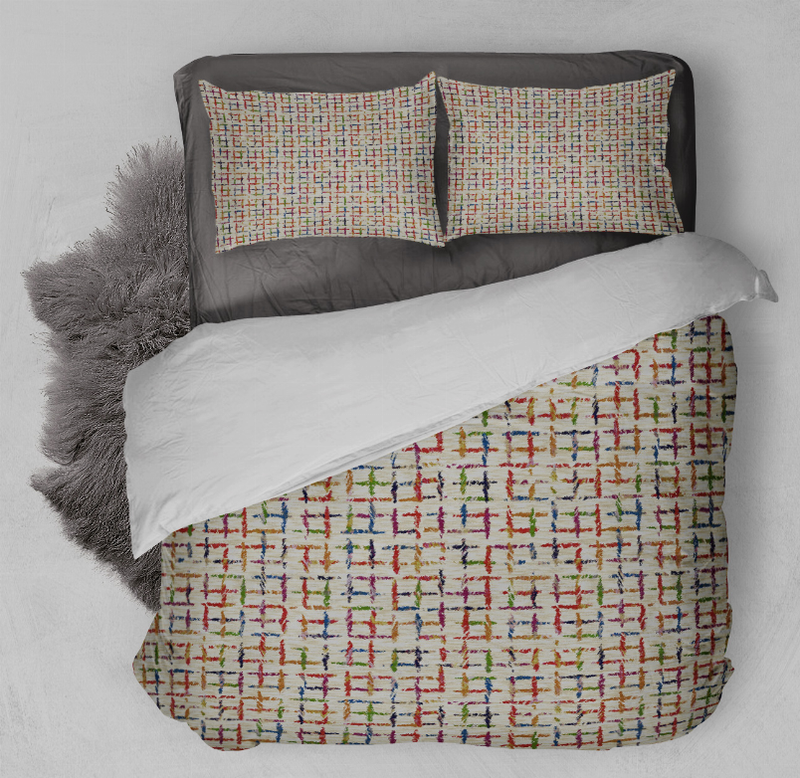 Duvet cover set with multicolor stitched pattern and two matching pillowcases