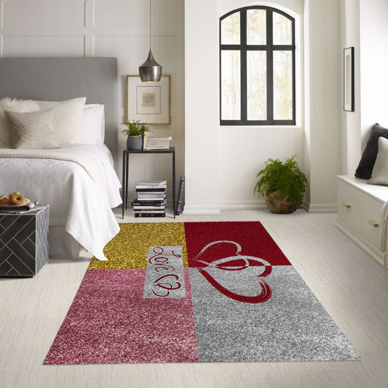 Multicolor low-pile carpet with red, gray, gold patches and decorative script heart