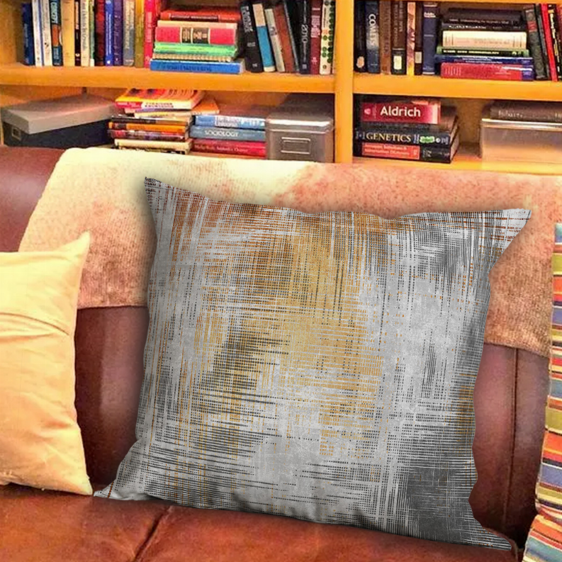 Blankets2U pillow with abstract orange-and-gray block pattern on a gray base